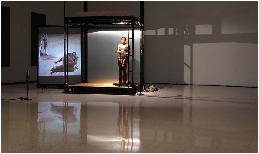 Okwui Okpokwasili in the Scaffold Room with the Projector Wall Closed