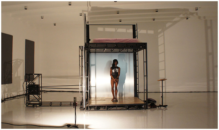 Okwui Okpokwasili in the Scaffold Room with the Projector Wall Open